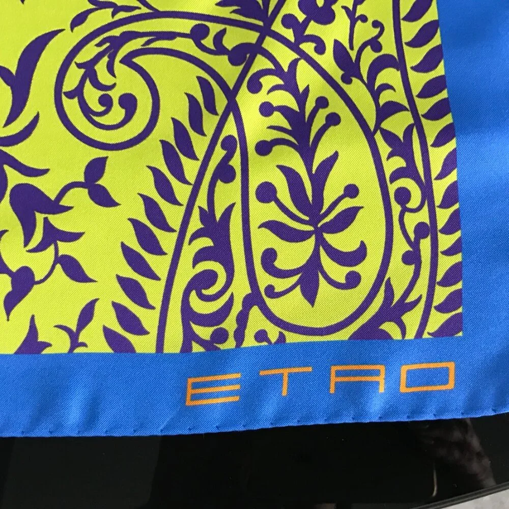 NWOT Etro Paisley Silk Square Mini Scarf Blue Lime Green Purple Italy